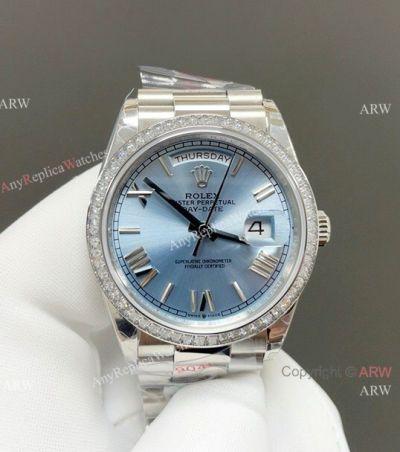 8+ Factory Rolex 36 'Gain Weight' 2834 DayDate Ice Blue Square Diamond-set